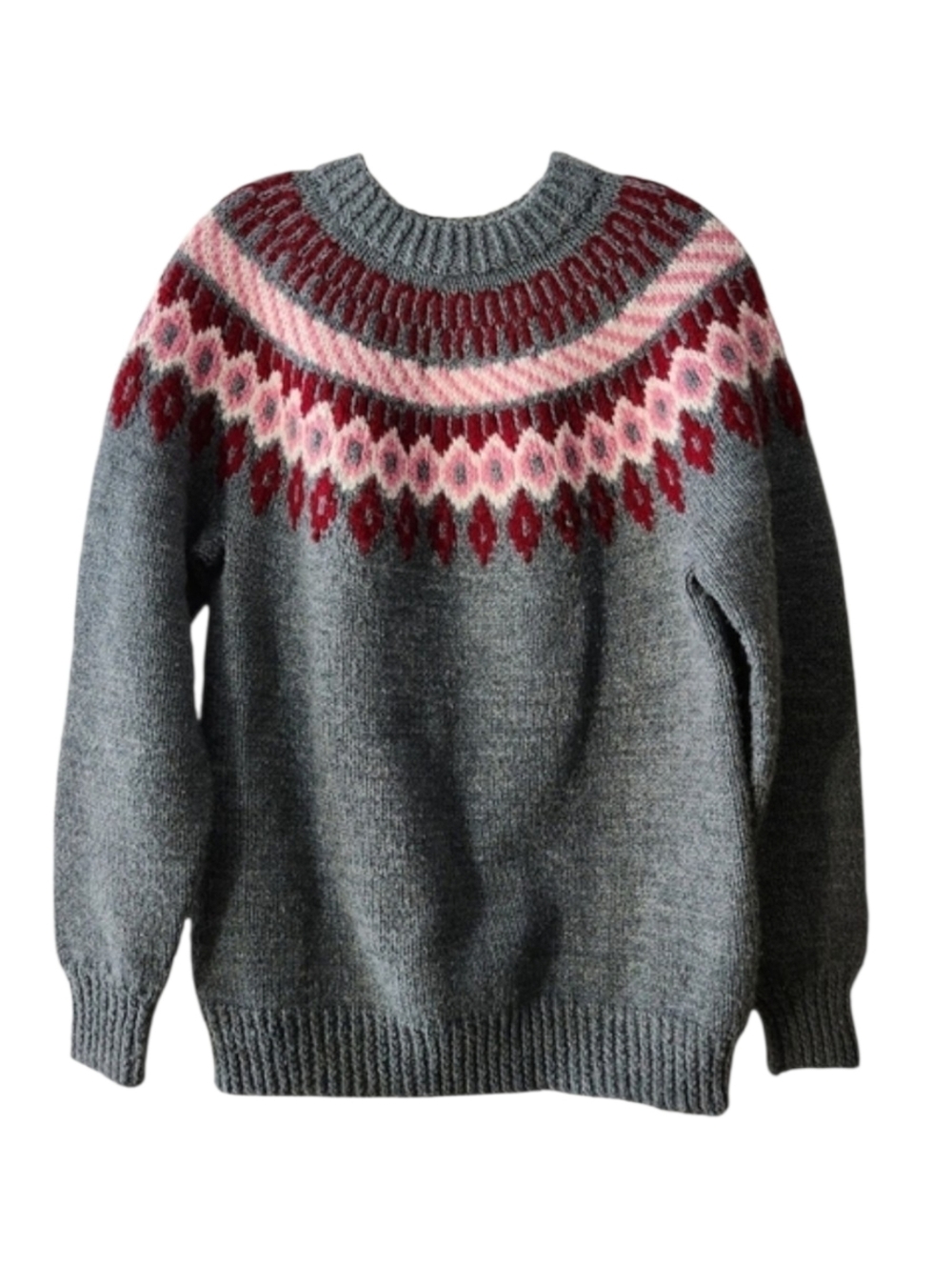 Vintage Handmade Fair Isle Sweater Women M-L Cottagecore Pullover 90s Gray Red